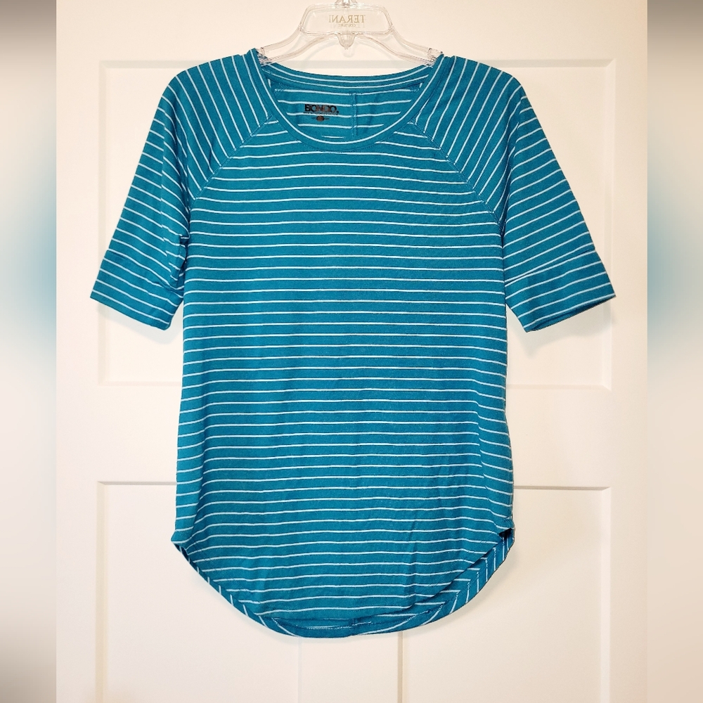 BONGO Women’s Striped T-Shirt Blue White Crew Neck Short Sleeve Casual Tee Size